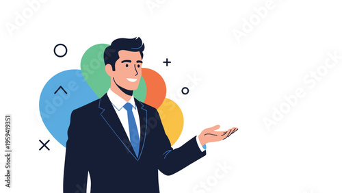Professional businessman in a navy suit gesturing towards empty space against a background of colorful abstract shapes.