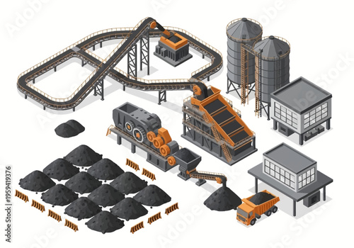 Industrial coal mining processing plant with conveyor belts and silos, illustrating heavy machinery in operation