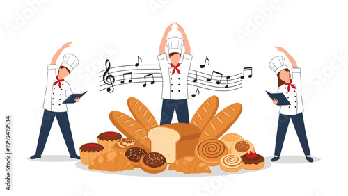 Group of three bakers in white uniforms performing stretching exercises around a large display of fresh breads and pastries.