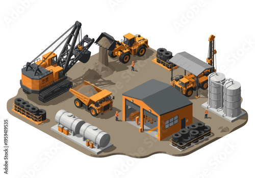 Isometric industrial construction site with heavy machinery, vehicles, and buildings