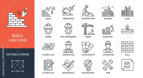 Comprehensive Set of Modern Building and Construction Line Icons for Architecture, Engineering, and Renovation Projects. Editable Stroke Vector Graphics for Web and Mobile Design