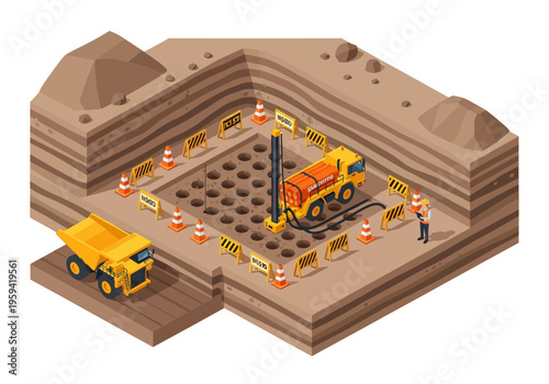 Isometric construction scene with drilling rig and dump truck on a dig site