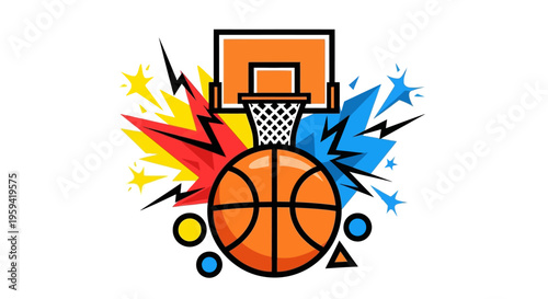 Dynamic Basketball Illustration Featuring a Hoop and Bursting Stars