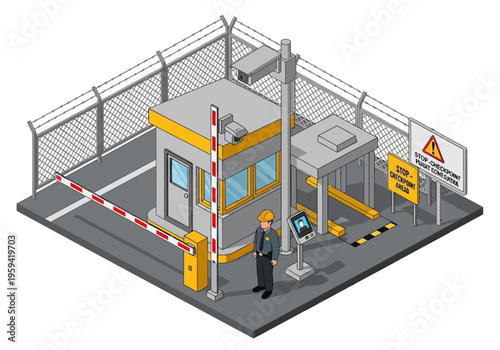 Isometric security checkpoint with barrier gate, guard, and CCTV camera for access control and safety