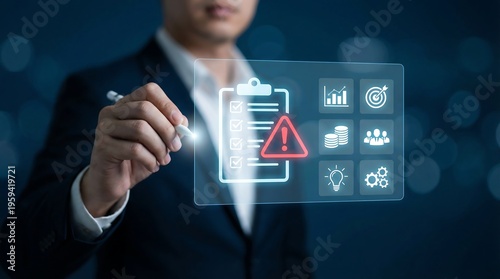 A businessman stylus on a transparent digital screen, an alert symbol within a checklist while overseeing various critical business icons. Suggesting risk management or issue resolution.