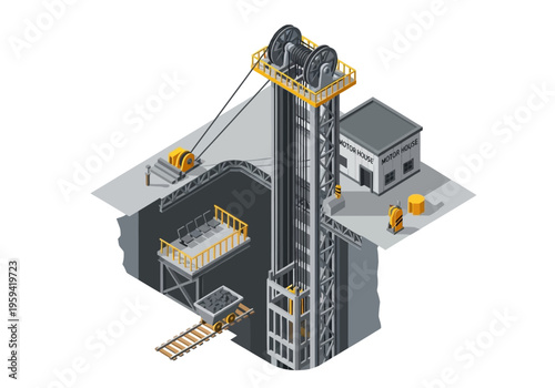 Industrial mine shaft with hoist and transport cart, isometric view