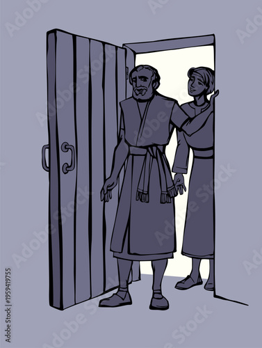 Vector drawing. A man enters the door