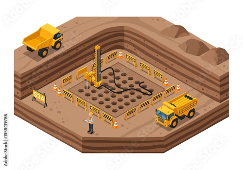Construction site with drilling machine, dump trucks, and safety equipment in isometric view