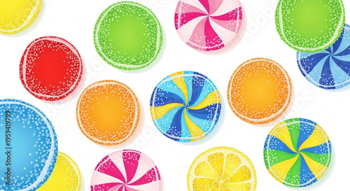 Colorful assorted sweets and candies on white background sugary treats dessert toppings vibrant colors food illustration
