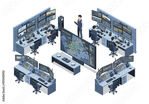 Modern command center with multiple monitors and personnel overseeing operations