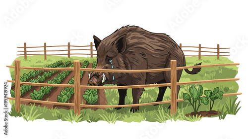 Large wild boar with visible tears stands behind a wooden fence looking sadly at a lush vegetable garden field during the daytime.