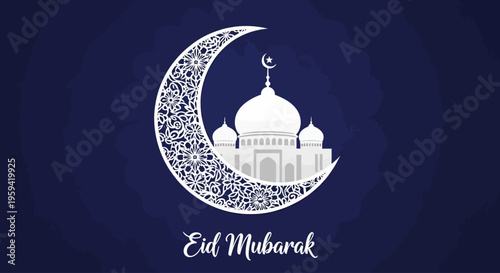 Ramadan Eid Mubarak crescent moon and mosque illustration with ornate details and Arabic calligraphy