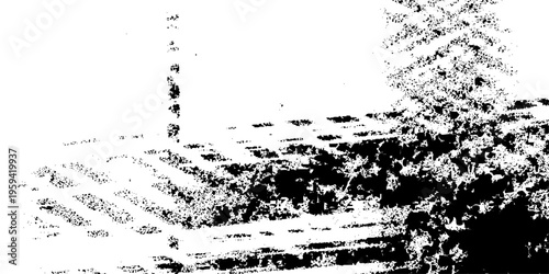 Black and white grunge texture background with heavy ink splatters, distressed grainy overlay, weathered wall effect with dark spots and scratches for vintage industrial graphic design projects.