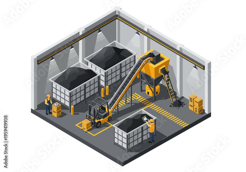 Industrial coal processing and material handling in a factory setting