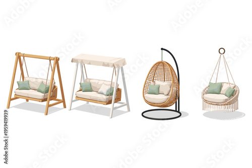 Collection of four stylish outdoor hanging chairs and swings for relaxation