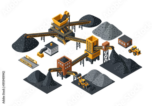 Isometric coal mining and processing plant with piles of coal and machinery