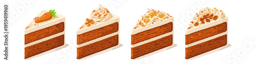 Four delicious slices of carrot cake with cream cheese frosting and various toppings