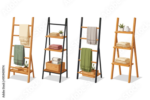 Various ladder shelves displaying folded textiles and decorative plants