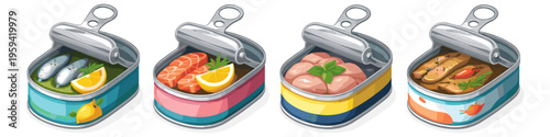 Assortment of four open tin cans filled with various preserved foods and garnishes