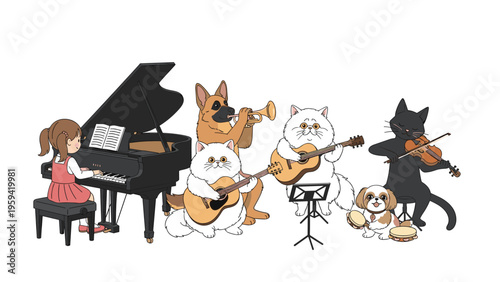 Young girl playing grand piano leads an adorable animal orchestra featuring cats and dogs playing guitar, violin, trumpet, and tambourine.