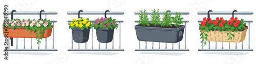 Various hanging planters with flowers and herbs adorn a balcony railing