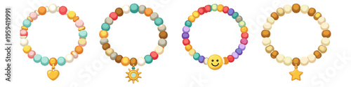 Collection of four colorful beaded bracelets with charms for children