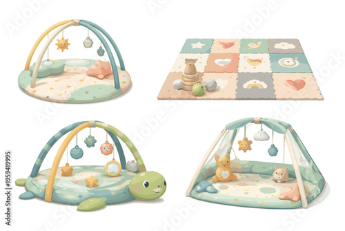 Collection of cute baby play mats and activity gyms with hanging toys