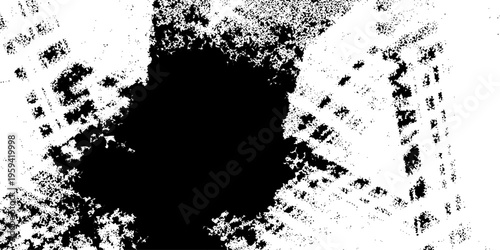 Black and white grunge texture background with heavy ink splatters, distressed grainy overlay, weathered wall effect with dark spots and scratches for vintage industrial graphic design projects.