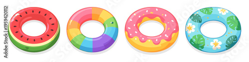 Collection of four colorful inflatable swimming rings for summer fun