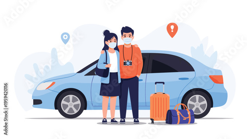 Young couple wearing protective face masks stands in front of their blue sedan with luggage prepared for a safe road trip adventure.