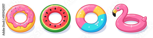 Collection of fun inflatable pool floats including a donut, watermelon, and flamingo