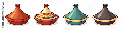 Collection of four distinct tagine pots in various colors and designs