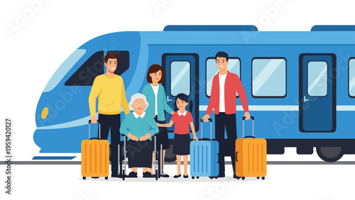 Happy multi-generational family including a senior woman in a wheelchair prepares for a journey in front of a modern blue high-speed train.