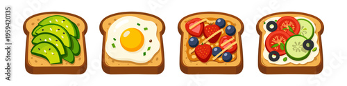 Four delicious and healthy toasts with various toppings for a balanced meal