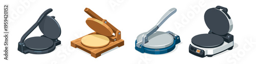Collection of four different tortilla presses in isometric view