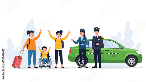 Group of happy young people including a child in a wheelchair wave goodbye as they prepare to depart in a green taxi with staff.