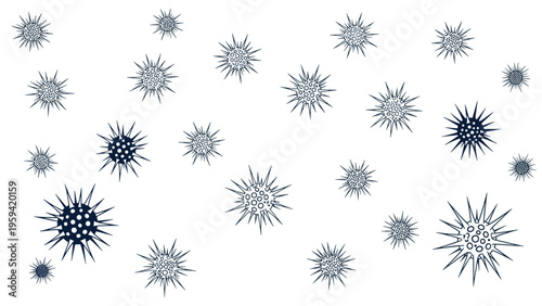 Detailed illustration of various virus and bacteria particles scattered across a plain background representing germs or pathogens.