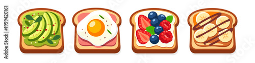 Four delicious and healthy toasts with various toppings for breakfast or snack