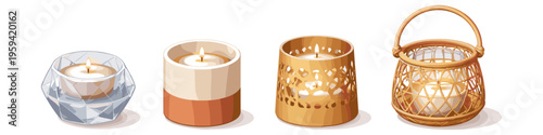 Collection of four decorative candles in various holders for ambiance and home decor