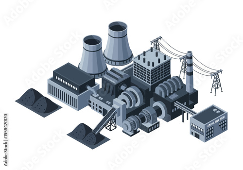 Industrial power plant with cooling towers and coal piles, demonstrating energy production and heavy industry
