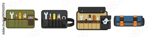 Collection of tool rolls and bags for organizing and carrying tools