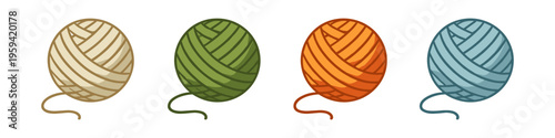Collection of four colorful yarn balls with loose strands, isolated on white background