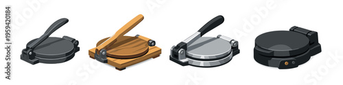Collection of tortilla presses and a waffle maker in isometric view