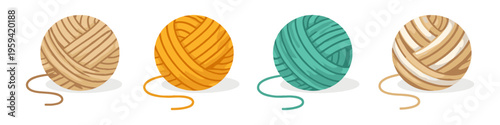 Collection of four colorful balls of yarn with loose strands on a white background