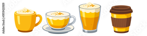 Collection of four stylized yellow beverages with foamy toppings