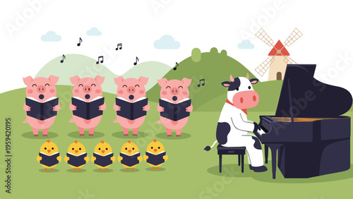 Delightful animal choir with pigs and chicks singing from music books while a cow plays the grand piano in a peaceful rural landscape.