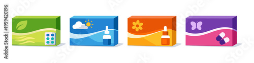 Collection of four colorful medicine boxes with distinct designs and icons