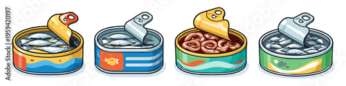 Collection of four open tin cans filled with preserved seafood and ingredients