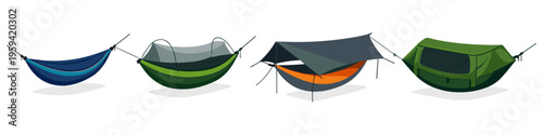 Collection of camping hammocks with mosquito nets and tarps for outdoor adventures