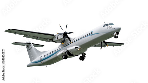 Contemporary twin-engine turboprop aircraft in flight, landing gear down for descent